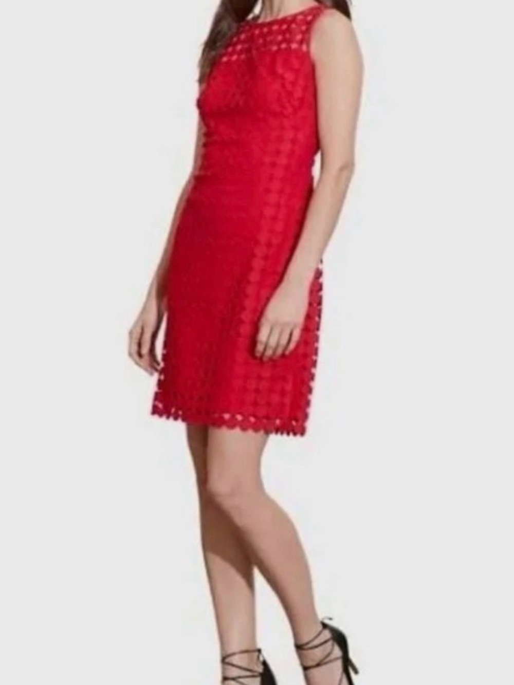 NWT LRL Sleeveless Red Lace Dot Sheath Dress (14)